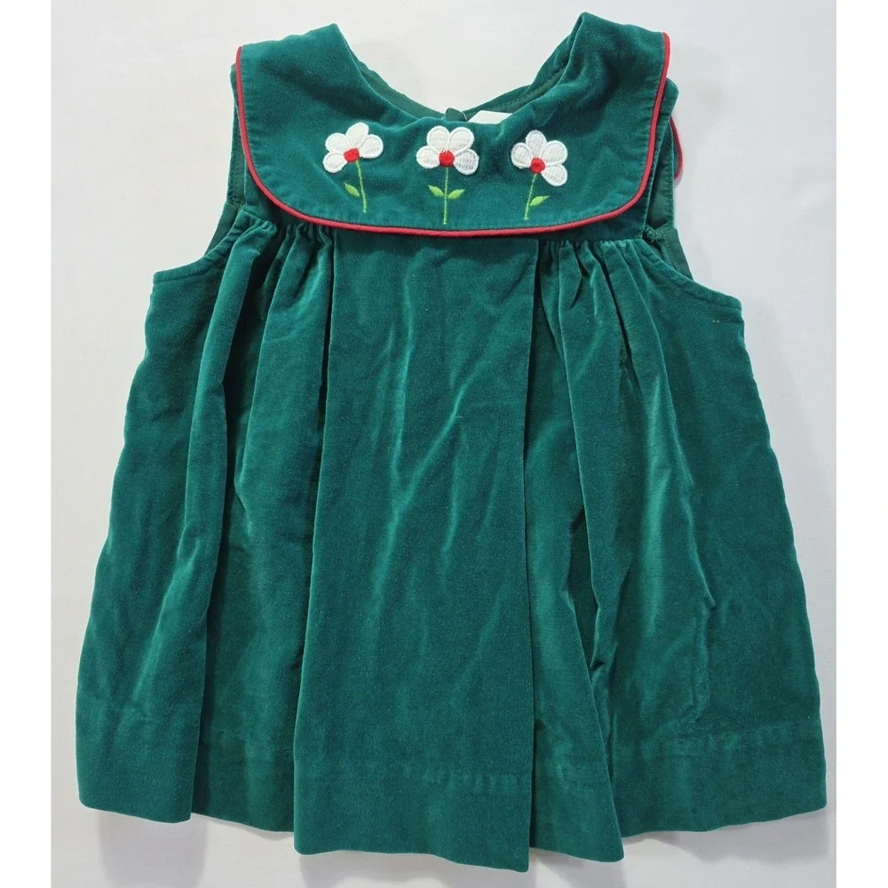 Vintage 90s Toddler Green Velvet Dress Floral Embroidery Size 4T Cotton